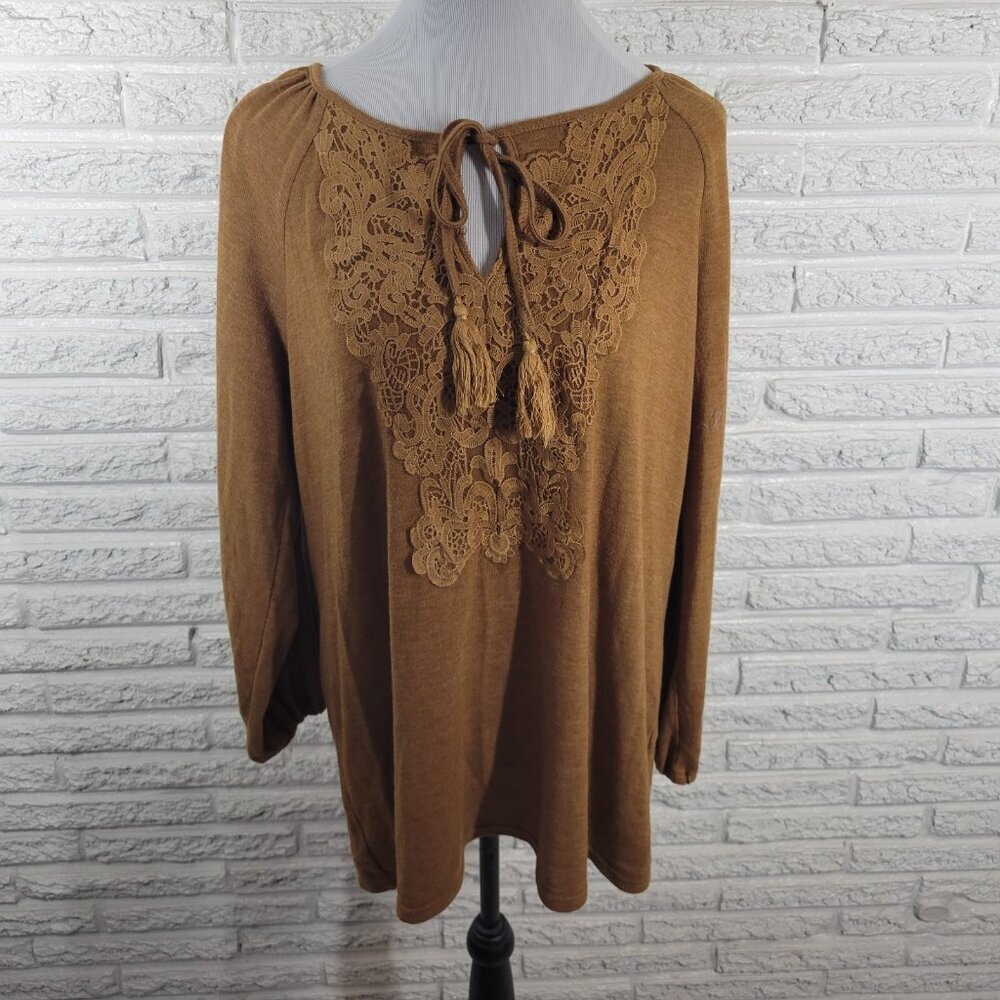 Suzanne Betro Brown Tunic Top XL Womens Keyhole 3/4 Double Bell Sleeve BRO9E